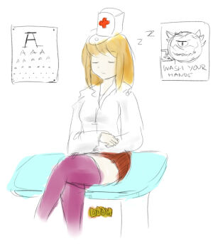 blonde_hair cacodemon charcola closed_eyes copyright_name crossed_legs doom_(series) eye_chart hat highres nurse nurse_cap partially_colored personification pink_legwear poster_(medium) poster_(object) sign sitting sketch sleeping stimpack-tan thighhighs zettai_ryouiki zzz