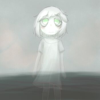 Rule 34 | 1girl, absurdres, bags under eyes, blush, closed mouth, collarbone, dress, green eyes, highres, long shirt, mentha (menthalovely), mint (menthalovely), off-shoulder shirt, off shoulder, original, shirt, short hair, short sleeves, solo, triangle nose, white hair, white shirt