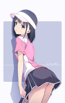 1girl ass black_hair black_shorts blue_eyes commentary_request dated highres looking_at_viewer monai-chan_(nii_manabu) nii_manabu original pink_shirt racket shirt short_hair short_sleeves shorts signature solo sportswear tennis_racket tennis_uniform two-tone_shirt visor_cap white_shirt