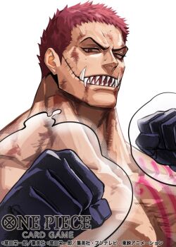 1boy black_gloves charlotte_katakuri chest_tattoo clenched_hands commentary_request copyright_name gloves male_focus official_art one_piece one_piece_card_game pink_eyes pink_hair sharp_teeth short_hair simple_background solo stitched_face stitches tattoo teeth tobo_katsuo v-shaped_eyebrows white_background