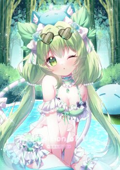 1girl animal_ears bare_shoulders between_legs bikini blush bow breasts bush choker cleavage collar commentary_request commission creature_on_head eyewear_on_head flower forest frilled_bikini frilled_choker frills green_bikini green_eyes green_hair hair_between_eyes hair_bow hair_flower hair_ornament hamiyamiko hand_between_legs heart heart-shaped_eyewear highres long_hair looking_at_viewer medium_breasts nature one_eye_closed open_mouth original outdoors parted_lips slime_(creature) stomach sunglasses swimsuit thigh_strap tree twintails very_long_hair water