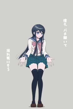 1girl black_hair black_thighhighs blue_eyes bow bowtie breasts commentary_request danganronpa:_trigger_happy_havoc danganronpa_(series) hair_ornament hairclip highres large_breasts long_hair long_sleeves looking_at_viewer maizono_sayaka miniskirt moon_(moon0771110) pink_bow pleated_skirt reze_dance sailor_collar school_uniform shirt skirt smile solo standing thighhighs translation_request white_shirt