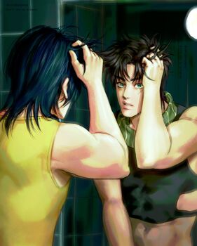 2boys alternate_hairstyle battle_tendency birthmark black_hair blue_eyes brown_hair commentary crop_top diamond_wa_kudakenai different_reflection english_commentary father_and_son hair_down hand_in_own_hair hand_up higashikata_josuke highres joestar_birthmark jojo_no_kimyou_na_bouken joseph_joestar joseph_joestar_(young) long_hair looking_at_mirror male_focus midriff mirror multiple_boys parted_lips reflection santamanymany scarf shirt sleeveless sleeveless_shirt upper_body
