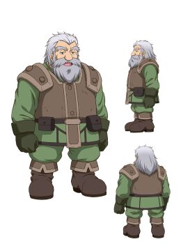 3boys anime_coloring armor beard belt belt_pouch big_nose boots brown_armor brown_belt brown_boots clenched_hands closed_mouth dwarf facial_hair from_behind from_side full_body gloves green_gloves green_jacket green_pants grey_hair hair_slicked_back half-closed_eyes highres jacket kartatz_(leadale_no_daichi_nite) leadale_no_daichi_nite leather_armor long_beard long_sleeves looking_at_viewer masudate_toshihide mature_male medium_hair multiple_boys multiple_views muscular muscular_male mustache official_art old old_man open_mouth pants pouch profile simple_background standing thick_eyebrows thick_mustache transparent_background