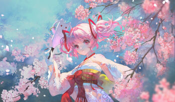 1girl blue_sky bow cherry_blossom_print cherry_blossoms chinese_commentary commentary_request cowboy_shot day eyelashes floating_hair floral_print flower frilled_gloves frilled_sleeves frills fringe_trim gloves hair_intakes hair_ribbon haregi hei_yu highres holding holding_paddle japanese_clothes kaname_madoka kaname_madoka_(haregi_ver.) kimono kyubey lace-trimmed_sash long_sleeves looking_at_viewer loose_hair_strand magia_record:_mahou_shoujo_madoka_magica_gaiden mahou_shoujo_madoka_magica new_year obi official_alternate_costume outdoors paddle parted_lips petals pink_eyes pink_flower pink_hair pink_kimono print_kimono red_bow red_ribbon ribbon sash short_hair short_twintails sky smile solo spring_(season) standing tareme twintails vertical-striped_sash waist_bow waist_ribbon wavy_hair white_gloves wide_sleeves yellow_sash