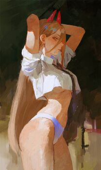 1girl abstract_background absurdres arms_behind_head arms_up bare_legs blonde_hair breasts brush_stroke chainsaw_man collared_shirt commentary_request cowboy_shot cropped_shirt daodtt demon_horns double-parted_bangs facing_away facing_to_the_side gradient_background highleg highleg_panties highres horns long_bangs long_hair necktie orange_eyes painterly panties power_(chainsaw_man) red_horns shirt sleeves_rolled_up solo standing stomach traditional_media underboob underwear very_long_hair white_shirt