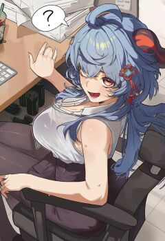 1girl absurdres ahoge alternate_costume bare_arms black_horns black_pantyhose black_skirt blue_hair blush bra_visible_through_clothes breasts chair commentary cup curryman_(curryman06) desk flower_knot ganyu_(genshin_impact) genshin_impact goat_horns hair_ornament highres horns large_breasts long_hair multicolored_horns office_chair office_lady on_chair open_mouth pantyhose paper_stack pencil_skirt purple_eyes red_horns shirt skirt sleeveless sleeveless_shirt solo sweat swivel_chair white_shirt