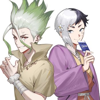 2boys asagiri_gen asymmetrical_hair black_hair blue_eyes brown_shirt cracked_skin dr._stone e=mc2_(equation) green_hair highres ishigami_senkuu kaohom503_2 looking_at_viewer male_focus multicolored_hair multiple_boys red_eyes shirt simple_background smile split-color_hair tall_hair teeth two-tone_hair upper_body white_background white_hair