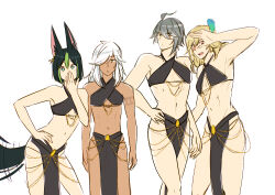Rule 34 | abs, alhaitham (genshin impact), animal ears, blonde hair, blush, brown eyes, bulge, covering own mouth, cyno (genshin impact), erection, erection under clothes, feather hair ornament, feathers, genshin impact, green eyes, green hair, grey hair, hair ornament, hand on own hip, kaveh (genshin impact), male focus, multicolored eyes, onemulberryjam, red eyes, standing, tail, tail wagging, tighnari (genshin impact), white hair, yomorio lingerie