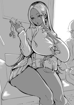 1boy 1girl bag breasts bursting_breasts button_gap cellphone cellphone_charm charm_(object) cleavage collared_shirt dark-skinned_female dark_skin earrings greyscale gyaru highres holding holding_phone huge_breasts jewelry kogal long_hair miniskirt monochrome nagisamade original phone pleated_skirt school_bag school_uniform shirt sitting skirt smartphone socks solo_focus thick_thighs thighs train_interior