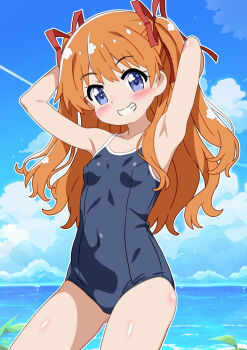 1girl armpits arms_behind_head arms_up blue_eyes blue_one-piece_swimsuit blue_sky blush breasts cloud collarbone competition_school_swimsuit contrail covered_erect_nipples covered_navel cowboy_shot day grin hair_ribbon horizon kanon key_(company) loli long_hair looking_at_viewer mizusaki_johnko ocean one-piece_swimsuit orange_hair outdoors red_ribbon ribbon sawatari_makoto school_swimsuit sky small_breasts smile solo standing swimsuit teeth two_side_up water