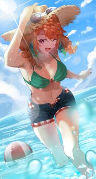 1girl absurdres ball beachball bikini braid choker denim denim_shorts earrings eyewear_on_head feather_earrings feathers green_bikini green_choker hat highres hololive hololive_english jewelry kizawayoh looking_at_viewer navel ocean official_alternate_costume one_eye_closed open_clothes open_mouth open_shorts orange_hair purple_eyes shorts smile solo straw_hat sunglasses swimsuit takanashi_kiara takanashi_kiara_(casual) twin_braids virtual_youtuber