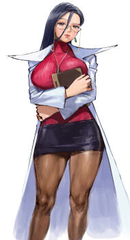 1girl black_hair black_skirt breasts brown_pantyhose clipboard commentary_request conto crossed_arms earrings expressionless eyeshadow feet_out_of_frame fingernails full_body gem glasses gold_necklace green_gem high_collar highres holding holding_clipboard holding_to_chest jewelry justice_gakuen lab_coat large_breasts long_hair looking_at_viewer makeup minazuki_kyoko miniskirt nail_polish necklace pantyhose pencil_skirt pink_eyeshadow pink_nails red_sweater ribbed_sweater school_nurse semi-rimless_eyewear skirt solo standing sweater turtleneck turtleneck_sweater under-rim_eyewear yellow-framed_eyewear