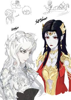 Rule 34 | 2girls, aegyo sal, armor, birdofthesevenseas, black hair, breastplate, breasts, character name, cleavage, commentary, crown, dress, earrings, english commentary, gold trim, grey eyes, hair ornament, hair over shoulder, highres, jewelry, long hair, multiple girls, narrowed eyes, nephis (shadow slave), pointy ears, red dress, red eyes, red lips, seishan, serious, shadow slave, shoulder armor, tiara, upper body, white hair