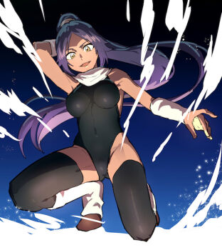 1girl back black_leotard bleach breasts brown_eyes commentary_request dark-skinned_female dark_skin full_body high_ponytail highleg highleg_leotard leotard long_hair medium_breasts nigatsumikka on_one_knee ponytail purple_hair scarf shihouin_yoruichi solo very_long_hair white_arm_warmers white_scarf