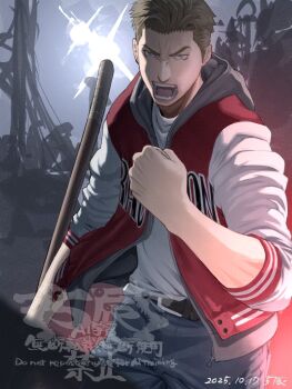 1boy 5tatsu belt_buckle blue_eyes blue_pants brown_hair buckle clenched_hand cowboy_shot denim furrowed_brow highres holding holding_weapon jacket jeans letterman_jacket male_focus open_mouth pants red_jacket resident_evil resident_evil:_resistance samuel_jordan shirt short_hair solo weapon white_shirt white_sleeves
