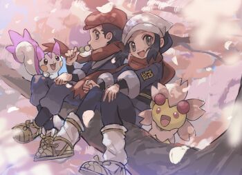 Rule 34 | 1boy, 1girl, akari (pokemon), alternate color, anzu (01010611), black hair, blue pants, brown eyes, cherrim, cherrim (sunshine), cherry blossoms, commentary, galaxy team survey corps uniform, gen 4 pokemon, hat, highres, looking at viewer, nintendo, open mouth, pachirisu, pants, pokemon, pokemon (creature), pokemon legends: arceus, red hat, red scarf, rei (pokemon), sandals, scarf, shiny pokemon, sitting, socks, untranslatable commentary, white socks