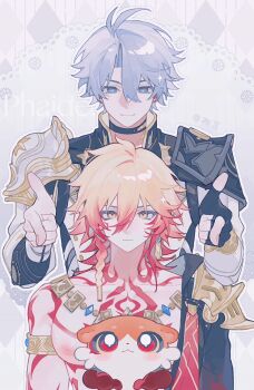 2boys animated animated_gif antenna_hair arm_tattoo armlet armor ayan_bu_ke_yao black_choker black_coat black_gloves black_shirt blonde_hair blue_eyes braid chest_tattoo chimera_(honkai:_star_rail) chinese_commentary choker coat commentary_request earrings facial_tattoo fingerless_gloves gloves gold_earrings gold_necklace gradient_hair highres honkai:_star_rail honkai_(series) inverted_nipples jewelry large_pectorals male_focus medium_hair multicolored_hair multiple_boys mydei_(fig_stew)_(honkai:_star_rail) mydei_(honkai:_star_rail) neck_tattoo necklace open_clothes open_coat parted_bangs pauldrons pectorals phainon_(honkai:_star_rail) red_hair red_tattoo shirt short_hair shoulder_armor side_braid single_glove single_pauldron sun_symbol sun_tattoo tan tattoo toned toned_male white_coat white_hair yellow_eyes