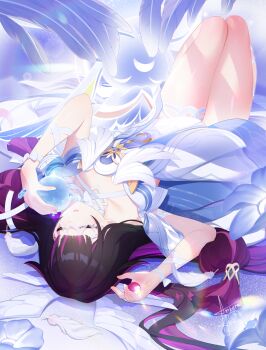 1girl absurdres ankura bare_shoulders black_hair closed_eyes columbina_(genshin_impact) commentary dress english_commentary genshin_impact hair_ornament hand_up highres holding luonnotar_(genshin_impact) lying making-of_available multicolored_hair on_back parted_lips purple_hair solo white_dress wing_hair_ornament