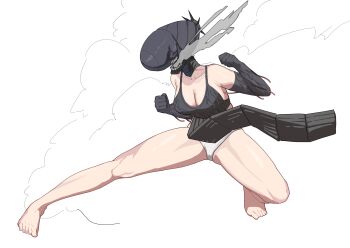 1girl apron barefoot black_apron black_gloves bomb_devil_(chainsaw_man) breasts chainsaw_man cleavage clenched_hands elbow_gloves feet fighting_stance gloves highres large_breasts object_head panties smoke solo underwear white_panties yuba_(yu8_yu8)