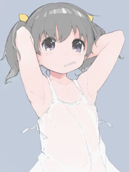 1girl armpits arms_up bare_shoulders dress expressionless flat_chest grey_hair kinomoto_(nazonoinu) lollipop_in_mouth looking_at_viewer original purple_eyes short_hair simple_background solo twintails white_dress