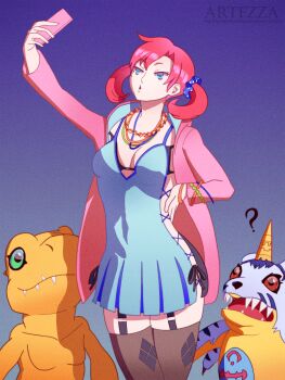 Rule 34 | agumon, artezza, blue eyes, digimon, digimon (creature), digimon story: cyber sleuth, gabumon, hair ornament, hairpin, highres, long hair, pink hair, shiramine nokia, twintails