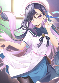 1girl anemoi beads beret black_hair black_pantyhose blue_dress blush breasts closed_mouth colored_inner_hair commentary_request cowboy_shot dress floating_hair hair_beads hair_behind_ear hair_between_eyes hair_ornament hands_up hat hayakawa_rikka highres indoors long_hair looking_at_viewer low-tied_long_hair medium_breasts multicolored_hair pantyhose purple_eyes purple_hair school_uniform skirt_hold smile solo split_mouth sukonbu385 two-tone_dress two-tone_hair very_long_hair watermark white_dress white_hat window