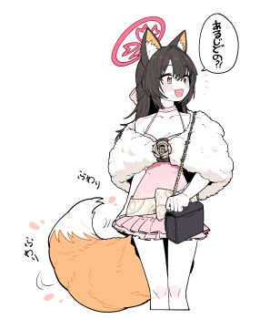 1girl absurdres animal_ear_fluff animal_ears bag black_bag blue_archive blush breasts brown_hair capelet choker cleavage collarbone commentary dress fox_ears fox_girl fur_capelet half_updo halo highres holding holding_bag izuna_(blue_archive) izuna_(dress)_(blue_archive) long_hair looking_to_the_side official_alternate_costume official_alternate_hairstyle open_mouth pink_choker pink_dress pink_halo sleeveless sleeveless_dress solo wujurana