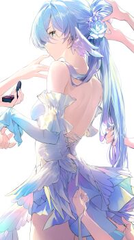 1girl absurdres alternate_costume alternate_hairstyle backless_outfit bare_shoulders blue_hair detached_sleeves face_jewel flower from_behind hair_flower hair_ornament hashtag-only_commentary highres honkai:_star_rail honkai_(series) jewel_under_eye long_hair looking_at_viewer robin_(honkai:_star_rail) simple_background solo_focus standing totomong white_background