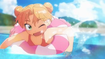 2025 20s 3girls animated animated_gif anime_screenshot arm_up bikini blonde_hair blue_sky breasts brown_hair cloud collarbone green_eyes hair_bun kasamaru_aoi large_breasts medium_hair multiple_girls ocean open_mouth orange_hair pink_bikini pink_hair rash_guard rubber_ring ruri_no_houseki short_hair sky small_breasts smile splashing swimsuit tagme tanigawa_ruri white_bikini