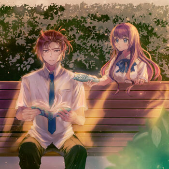 Rule 34 | >:(, 1boy, 1girl, a-chan (little busters!), animal ears, backlighting, bench, black pants, blue bow, blue bowtie, blue eyes, blue necktie, blush, book, bow, bowtie, breasts, brown eyes, cat ears, closed mouth, collared shirt, commentary request, day, dress shirt, fake animal ears, feet out of frame, floating hair, forehead, frown, handheld electric fan, hands up, highres, holding, holding book, large breasts, little busters!, little busters! school uniform, long hair, looking at another, looking at viewer, miiizuno lbs, natsume kyousuke, necktie, on bench, open book, outdoors, pants, park bench, school uniform, shirt, short hair, sidelocks, sitting, sweatdrop, tareme, tsurime, upper body, v-shaped eyebrows, very long hair, white shirt