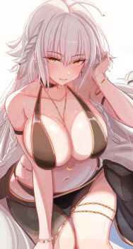 0nineo9 1girl absurdres ahoge arm_strap bare_shoulders bikini black_bikini blush bracelet braid breasts cleavage fate/grand_order fate_(series) gold_trim grey_hair grin highres jeanne_d&#039;arc_alter_(fate) jeanne_d&#039;arc_alter_(festival_outfit)_(fate) jeanne_d&#039;arc_alter_(swimsuit_berserker)_(fate) jewelry large_breasts long_hair looking_at_viewer multiple_braids navel necklace sarong smile solo swimsuit thighs very_long_hair yellow_eyes