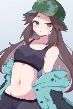 1girl :o aqua_jacket black_sports_bra brown_eyes brown_hair bucket_hat collarbone commentary_request crop_top eyelashes green_hat grey_background hat highres jacket leaf_(pokemon) leaf_(sygna_suit)_(pokemon) long_hair navel nintendo official_alternate_costume open_clothes open_jacket piyo_to_game pokemon pokemon_masters_ex simple_background solo sports_bra