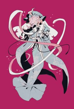 1girl cake_mogo cherry_blossoms covered_face floral_print frilled_hat frilled_kimono frills hat highres japanese_clothes kimono long_hair long_sleeves mob_cap patchouli_knowledge petals pink_hair pink_hat red_background saigyouji_yuyuko simple_background solo touhou variant_set whisp wide_sleeves