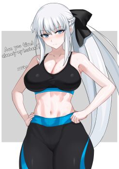 1girl absurdres bare_shoulders black_bow black_pants black_sports_bra blue_eyes blush bow braid breasts cleavage collarbone english_text fate/grand_order fate_(series) grey_hair hair_bow highres icbm100 large_breasts long_hair looking_at_viewer morgan_le_fay_(fate) navel pants ponytail sidelocks solo sports_bra thighs very_long_hair yoga_pants