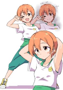 1girl :d ;d blush commentary_request green_pants green_tank_top hand_up highres hoshizora_rin looking_at_viewer love_live! love_live!_school_idol_project one_eye_closed open_mouth orange_hair pants rain sen_(sen0910) shirt short_sleeves shorts simple_background smile standing tank_top w w_over_eye white_background white_shirt yellow_eyes yellow_shorts