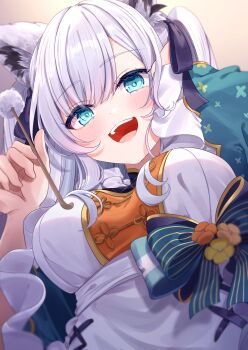 1girl absurdres animal_ear_fluff animal_ears apron aqua_eyes black_bow black_bowtie blush bow bowtie breasts dress fox_ears fox_girl hair_between_eyes hair_bow hair_ornament highres hololive large_breasts long_sleeves looking_at_viewer looking_down mimikaki open_mouth shagaihi shirakami_fubuki smile solo teeth upper_teeth_only virtual_youtuber white_apron white_dress white_hair