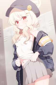 1girl aoba_(blue_archive) armband blonde_hair blue_archive blue_hat blush bow_camisole newsboy_cap camisole closed_mouth deyui flat_chest grey_skirt hair_ornament hairclip halo hat highres indoors jacket loli long_hair looking_at_viewer low_twintails miniskirt navel off_shoulder open_clothes open_jacket pleated_skirt red_eyes skirt solo strap_slip twintails white_camisole yellow_armband yellow_halo