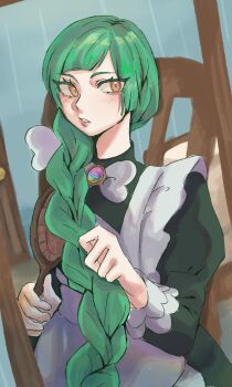 1girl apron blunt_bangs bow bowtie braid braided_ponytail brushing_hair brushing_own_hair green_hair highres juliet_sleeves lebanne_(pokemon) light_wr0ng long_hair long_sleeves maid maid_apron nintendo pink_lips pokemon pokemon_legends:_z-a puffy_sleeves solo tsurime upper_body white_bow white_bowtie