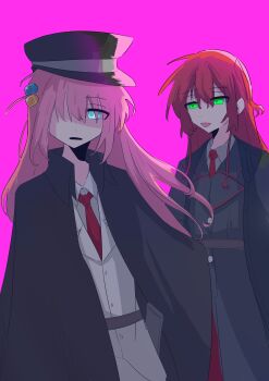 2girls absurdres ahoge black_cape blue_eyes bocchi_the_rock! brown_coat cape coat cube_hair_ornament formal_clothes gotoh_hitori green_eyes grey_shirt hair_ornament hair_over_one_eye hat highres long_hair looking_at_viewer military_hat military_uniform multiple_girls necktie open_mouth pink_background pink_hair red_hair red_necktie shirt simple_background tongue tongue_out upper_body white_shirt ym_1221