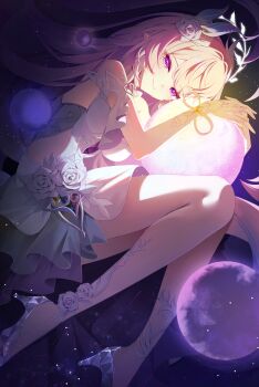 1girl absurdres bare_shoulders breasts commentary_request cyrene_(demiurge)_(honkai:_star_rail) cyrene_(honkai:_star_rail) diamond-shaped_pupils diamond_(shape) dress hi_i_dubu high_heels highres holding_planet honkai:_star_rail honkai_(series) korean_commentary long_hair looking_at_viewer medium_breasts pink_hair pointy_ears purple_eyes smile solo symbol-shaped_pupils thighs very_long_hair white_dress white_hair