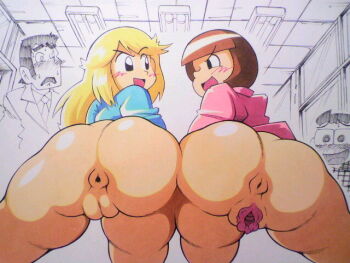 1970s_(style) 1980s_(style) 2boys 2girls anus ass ass_focus blonde_hair blunt_bangs blush bob_cut bottomless brown_hair ceiling_light character_request classroom cleft_of_venus cowboy_shot crossover dokonjou_gaeru eye_contact fat fat_mons fat_woman fluorescent_lamp from_behind gaping glasses hitoshi_kusano huge_ass indoors long_hair looking_at_another mai_machiko maicching_machiko-sensei multiple_boys multiple_girls necktie oldschool open_mouth plump presenting pussy retro_artstyle school short_hair square_glasses take_your_pick teacher thick_thighs thighs traditional_media trait_connection uncensored yamagata_kunio yamanaka_yoshiko