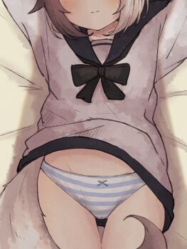 1girl arms_up bed_sheet black_hair black_sailor_collar blue_panties bow bow_panties closed_mouth clothes_lift commentary eyes_out_of_frame fox_girl fox_tail grey_hair head_out_of_frame highres kuon_(meguru_1225) lying meguru_1225 multicolored_hair no_pants on_back original panties sailor_collar sailor_shirt shirt shirt_lift short_hair solo striped_clothes striped_panties tail two-tone_hair underwear white_shirt