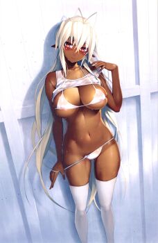 1girl absurdres against_wall antenna_hair blush breasts clothes_lift covered_erect_nipples dark-skinned_female dark_elf dark_skin elf feet_out_of_frame hair_between_eyes highres large_breasts long_hair looking_at_viewer namaniku_atk navel nitroplus pointy_ears red_eyes sansei_muramasa scan shirt_lift smile solo soukou_akki_muramasa strap_pull thighhighs very_long_hair wet white_hair white_theme white_thighhighs