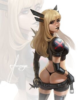 1girl armor ass blonde_hair blue_eyes breasts cleavage gloves highres ksemaya long_hair looking_at_viewer magik_(x-men) marvel panties short_shorts shorts solo spikes thong underwear x-men