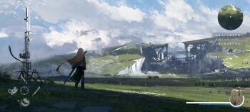 1girl 1other absurdres asteroid_ill bird black_coat black_pants blonde_hair blue_sky bridge cliff cloud coat commentary_request cornea_(asteroid_ill) facing_away field full_body health_bar highres hill long_hair minimap nature original outdoors pants rock scenery sky solo standing user_interface wide_shot