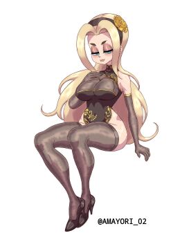 Rule 34 | 1girl, 4m4y0r1, absurdres, alternate costume, blonde hair, blue eyes, breasts, chinese clothes, elbow gloves, filia (skullgirls), flower, full body, gloves, hair flower, hair ornament, hairband, half-closed eyes, high heels, highres, large breasts, leotard, lips, long hair, looking to the side, see-through clothes, skullgirls, smile, solo, thighhighs, white background