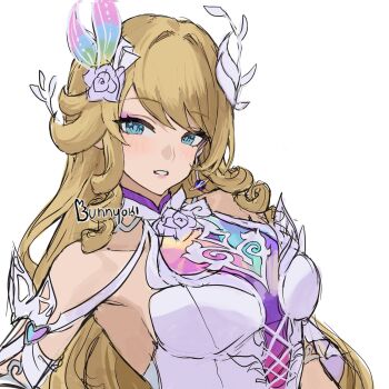 1girl artist_name blonde_hair blue_eyes breasts bunnyoki commentary cosplay cyrene_(demiurge)_(honkai:_star_rail) cyrene_(honkai:_star_rail) cyrene_(honkai:_star_rail)_(cosplay) dress earrings english_commentary flower genshin_impact hair_flower hair_ornament highres honkai:_star_rail honkai_(series) jewelry large_breasts looking_at_viewer mihoyo navia_(genshin_impact) parted_lips simple_background white_background white_dress