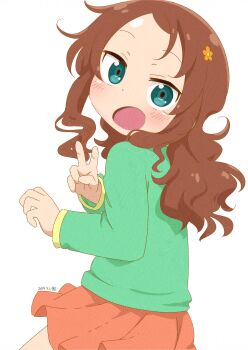 1girl :o blush brown_hair child commentary_request cowboy_shot dated flower from_side adversarial_noise green_eyes green_shirt hair_flower hair_ornament highres kobayashi-san_chi_no_maidragon long_hair long_sleeves looking_at_viewer looking_to_the_side open_mouth red_skirt saikawa_riko samansa_ex shirt skirt solo standing tabayan_jigokuhen v white_background
