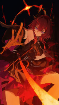 Rule 34 | 1girl, absurdres, arknights, arknights: endfield, black background, black dress, black horns, black sleeves, breasts, closed mouth, commentary request, detached sleeves, dress, feet out of frame, gloves, hair between eyes, highres, horns, laevatain (arknights), large breasts, long hair, looking at viewer, lupinu5, multicolored dress, multicolored sleeves, pink sleeves, purple eyes, red dress, red gloves, red hair, simple background, solo, surtr (arknights), sword, thigh strap, two-tone dress, weapon, white sleeves
